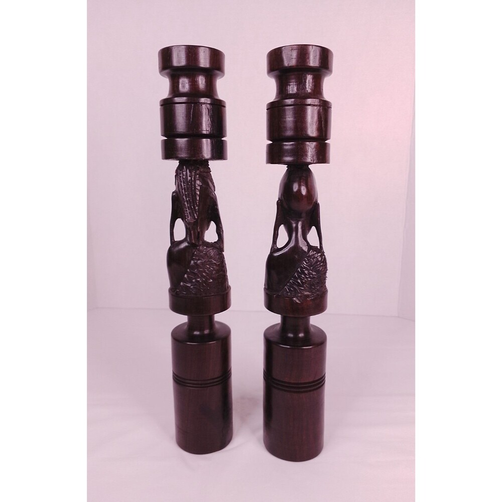 Vintage Mid-Century African Hand-Carved Ebony Wood Candlesticks - Picture 4 of 16